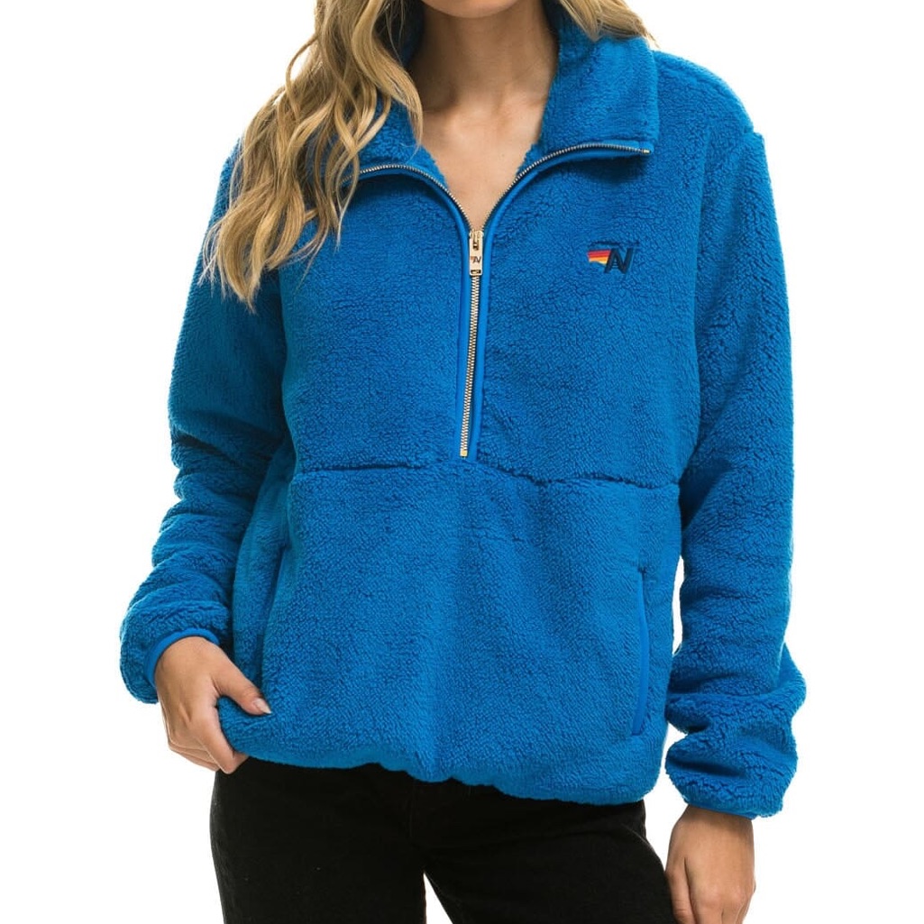 Aviator Nation Teddy Plush Half Zip Jacket Pullover Sweatshirt Blue Cina Xs